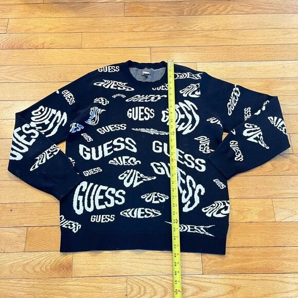 Guess Men's Sweatshirt Black White Large Allover Logo Print Long Sleeve Pullover - Picture 5 of 8